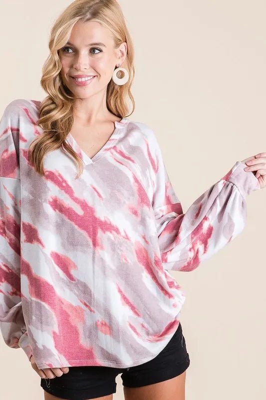 BiBi Tie Dye French Terry Top with Balloon Sleeves - Love Salve