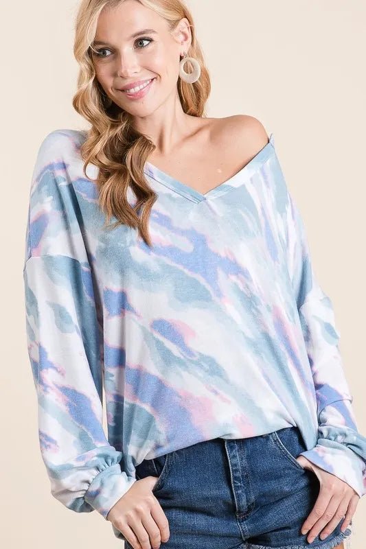 BiBi Tie Dye French Terry Top with Balloon Sleeves - Love Salve