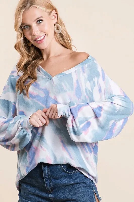 BiBi Tie Dye French Terry Top with Balloon Sleeves - Love Salve
