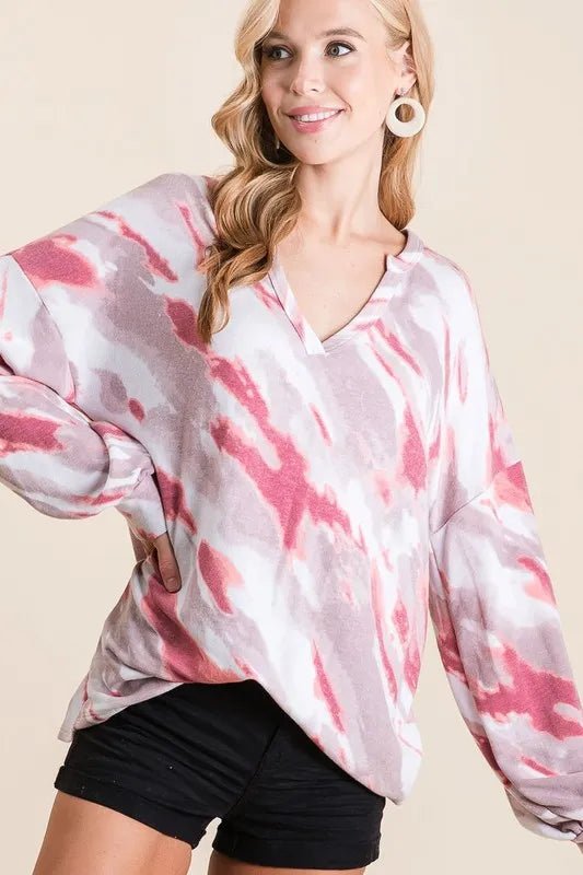 BiBi Tie Dye French Terry Top with Balloon Sleeves - Love Salve