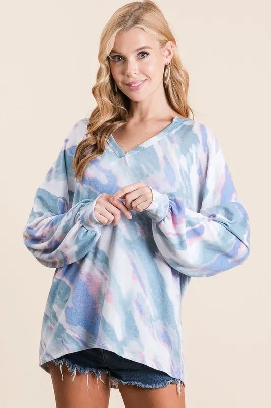 BiBi Tie Dye French Terry Top with Balloon Sleeves - Love Salve