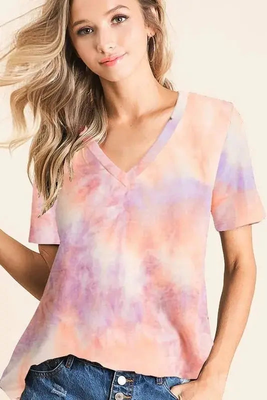 BiBi Tie Dye French Terry V Neck Top for Casual Style - Love Salve 