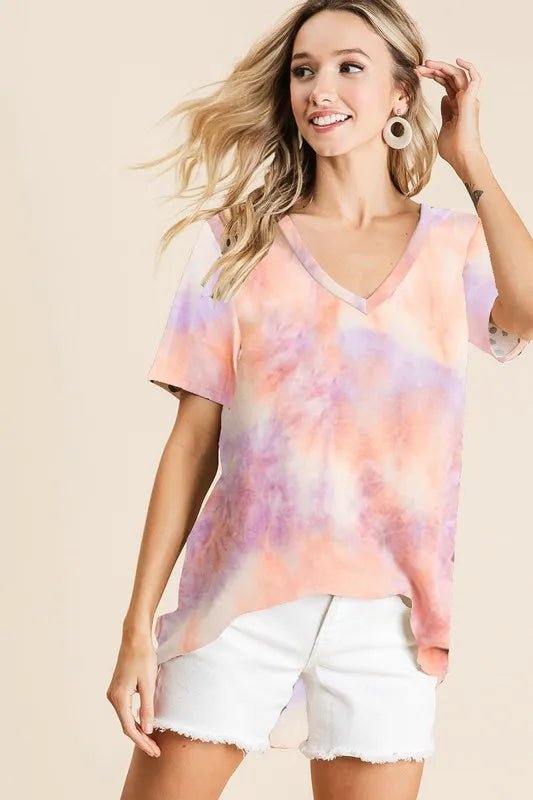 BiBi Tie Dye French Terry V Neck Top for Casual Style - Love Salve 