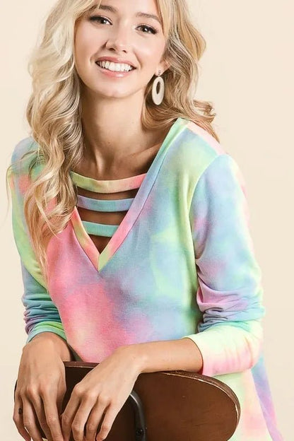 BiBi Tie Dye French Terry V - Neck Top with Strapped - Love Salve