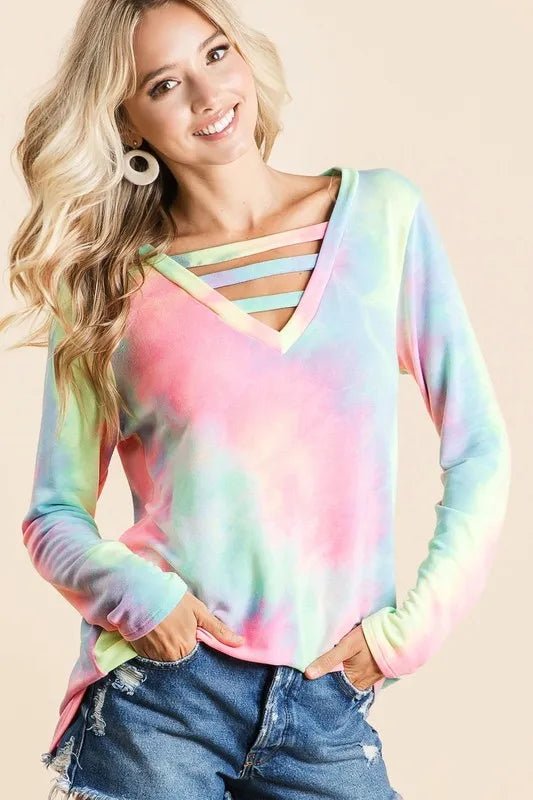 BiBi Tie Dye French Terry V - Neck Top with Strapped - Love Salve