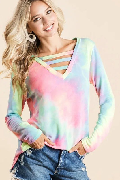 BiBi Tie Dye French Terry V - Neck Top with Strapped - Love Salve