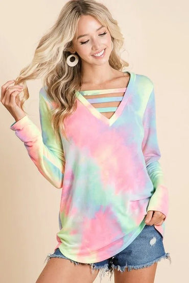 BiBi Tie Dye French Terry V - Neck Top with Strapped - Love Salve