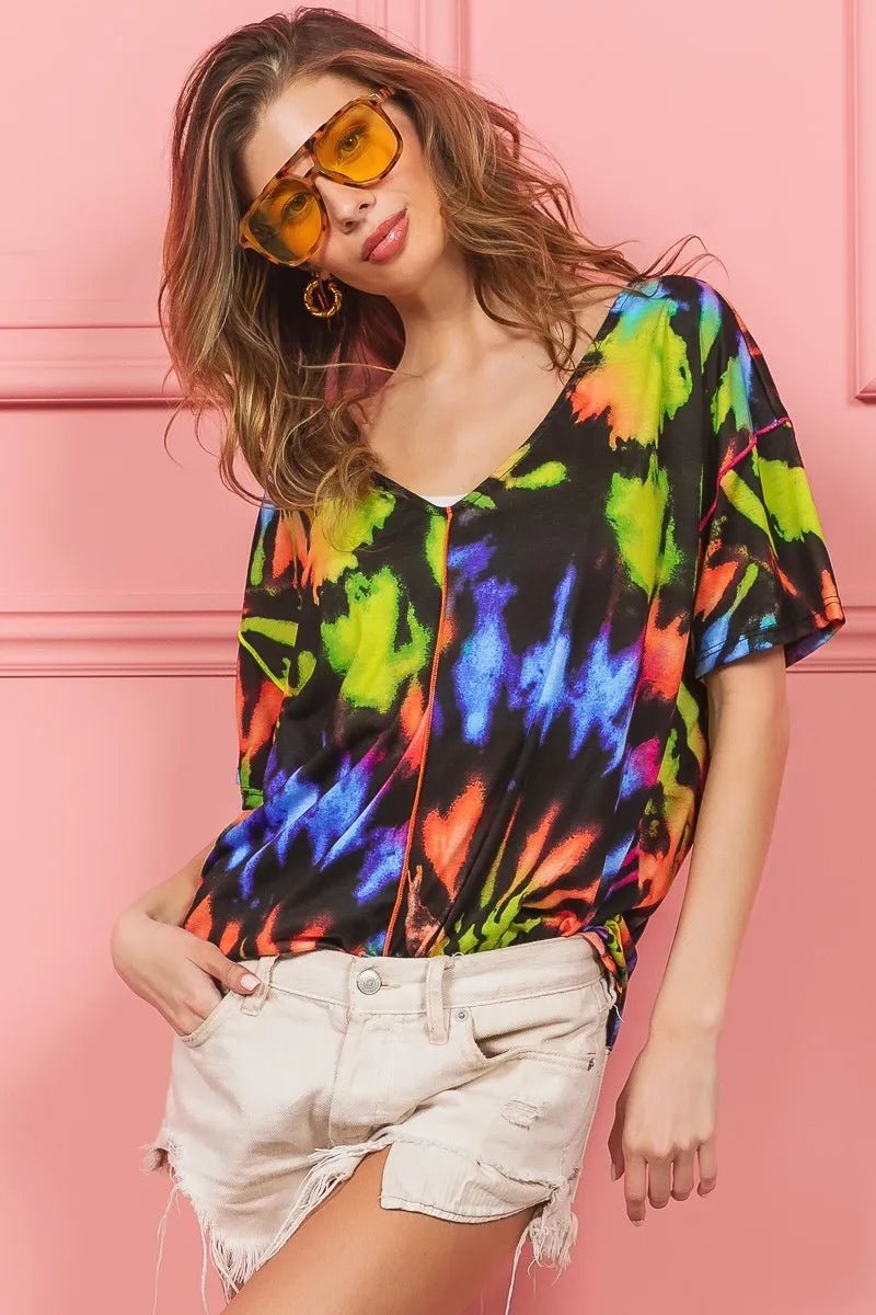 BiBi Tie Dye Print Jersey Stitched V Neck Top for Women - Love Salve 