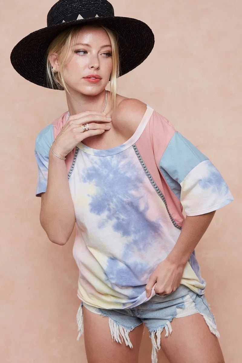 BiBi Tie Dye Printed Cotton Color Block T-Shirt for Women - Love Salve 