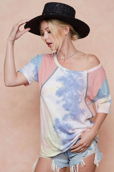 BiBi Tie Dye Printed Cotton Color Block T-Shirt for Women - Love Salve 