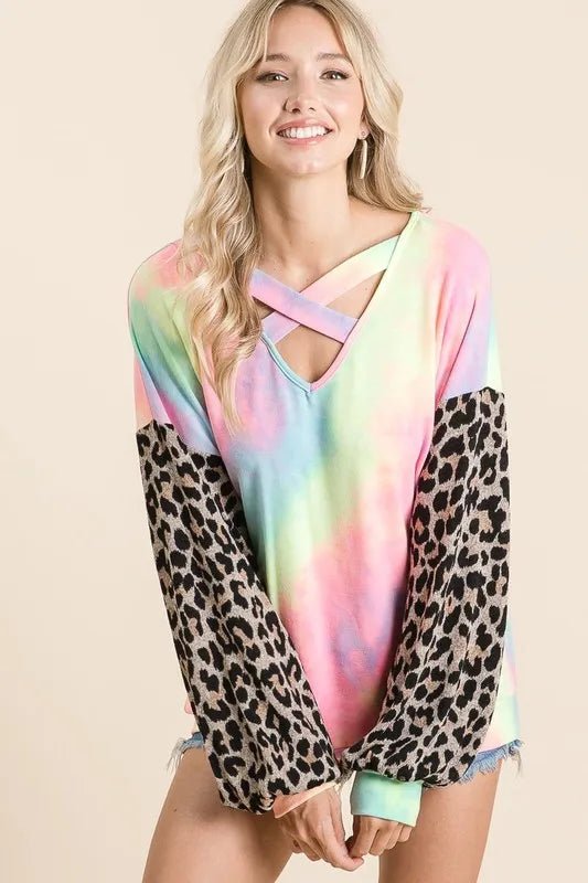 BiBi Tie Dye Terry Top with Leopard Puff Sleeves - Love Salve