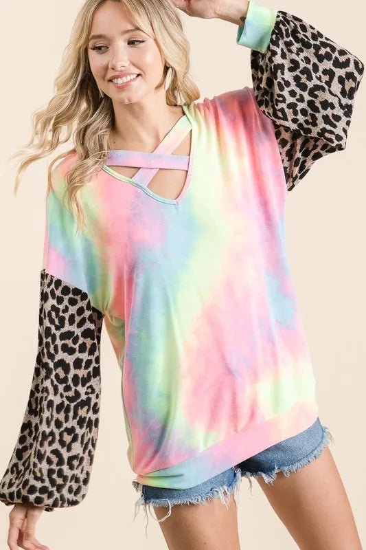 BiBi Tie Dye Terry Top with Leopard Puff Sleeves - Love Salve