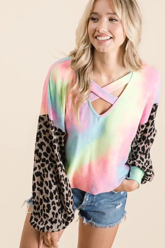 BiBi Tie Dye Terry Top with Leopard Puff Sleeves - Love Salve