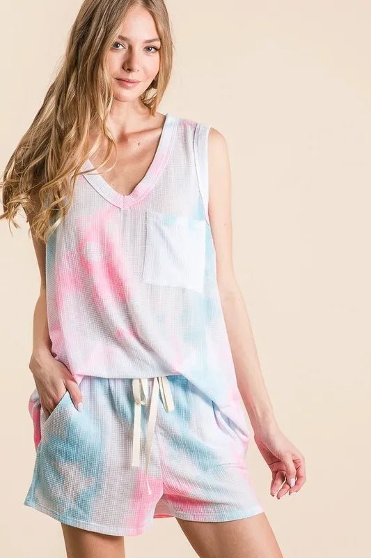 BiBi Tie Dye Textured Knit Top and Shorts Set - Love Salve
