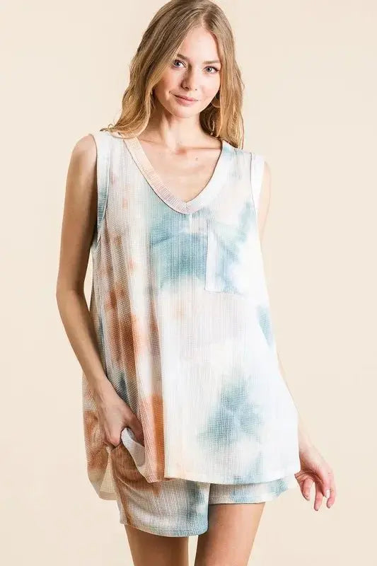 BiBi Tie Dye Textured Knit Top and Shorts Set - Love Salve