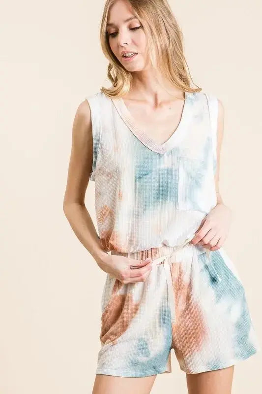 BiBi Tie Dye Textured Knit Top and Shorts Set - Love Salve