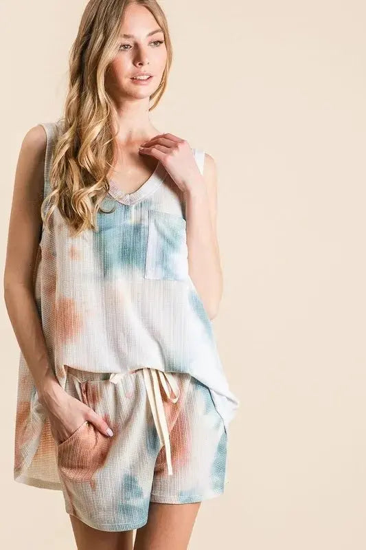 BiBi Tie Dye Textured Knit Top and Shorts Set - Love Salve
