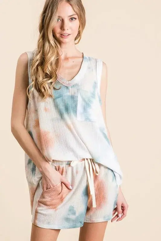 BiBi Tie Dye Textured Knit Top and Shorts Set - Love Salve