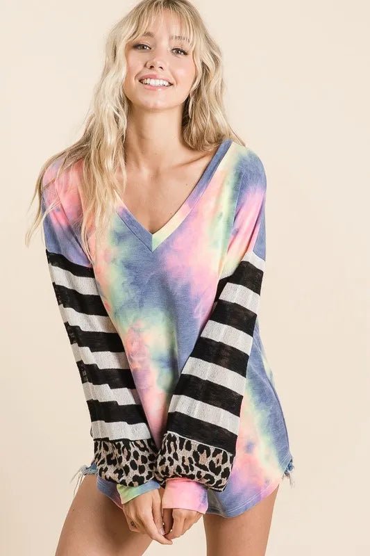 BiBi Tie Dye V Neck Top with Stripe Puff Sleeves - Love Salve
