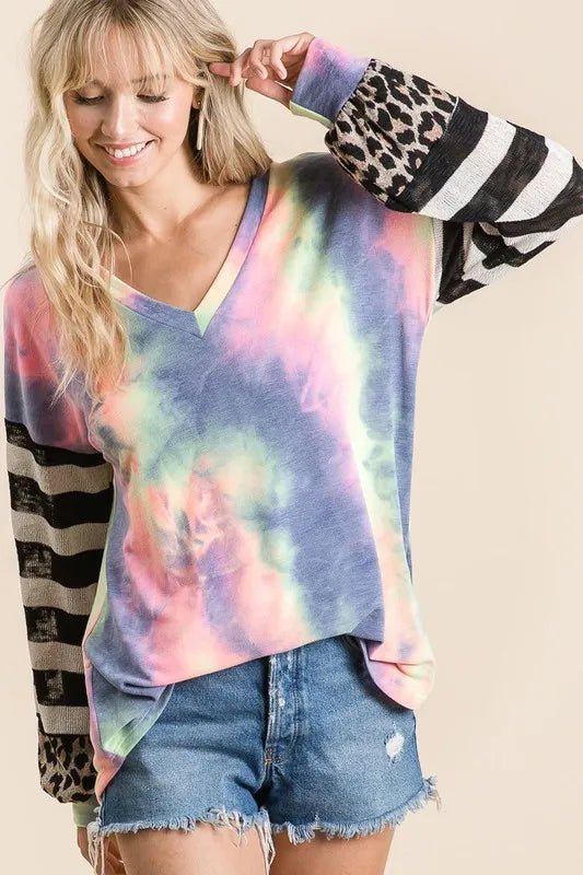 BiBi Tie Dye V Neck Top with Stripe Puff Sleeves - Love Salve