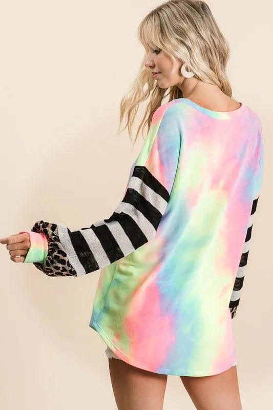 BiBi Tie Dye V Neck Top with Stripe Puff Sleeves - Love Salve