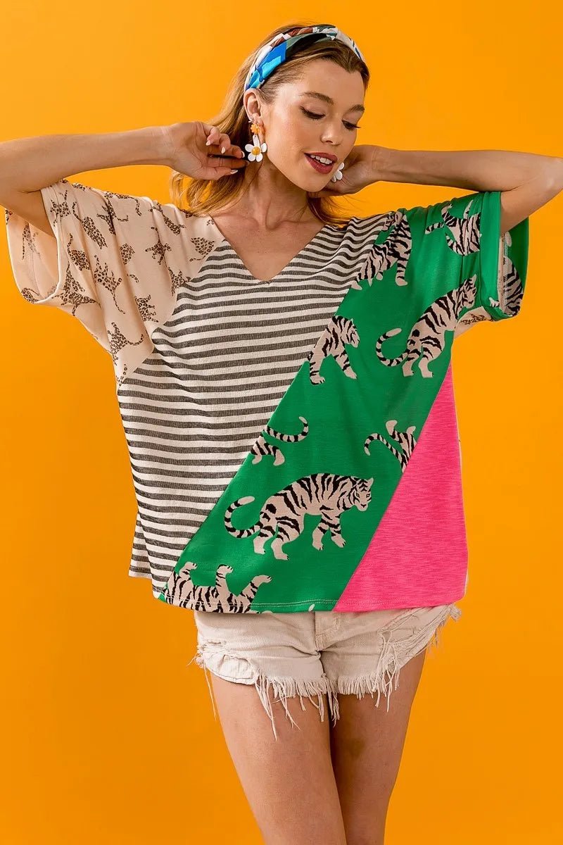 BiBi Tiger W Stripe Contrast Color Block V Neck Top for Women - Love Salve 
