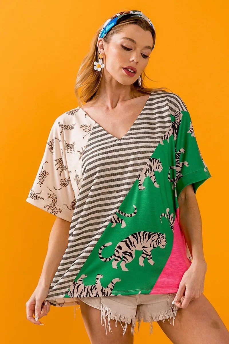 BiBi Tiger W Stripe Contrast Color Block V Neck Top for Women - Love Salve 