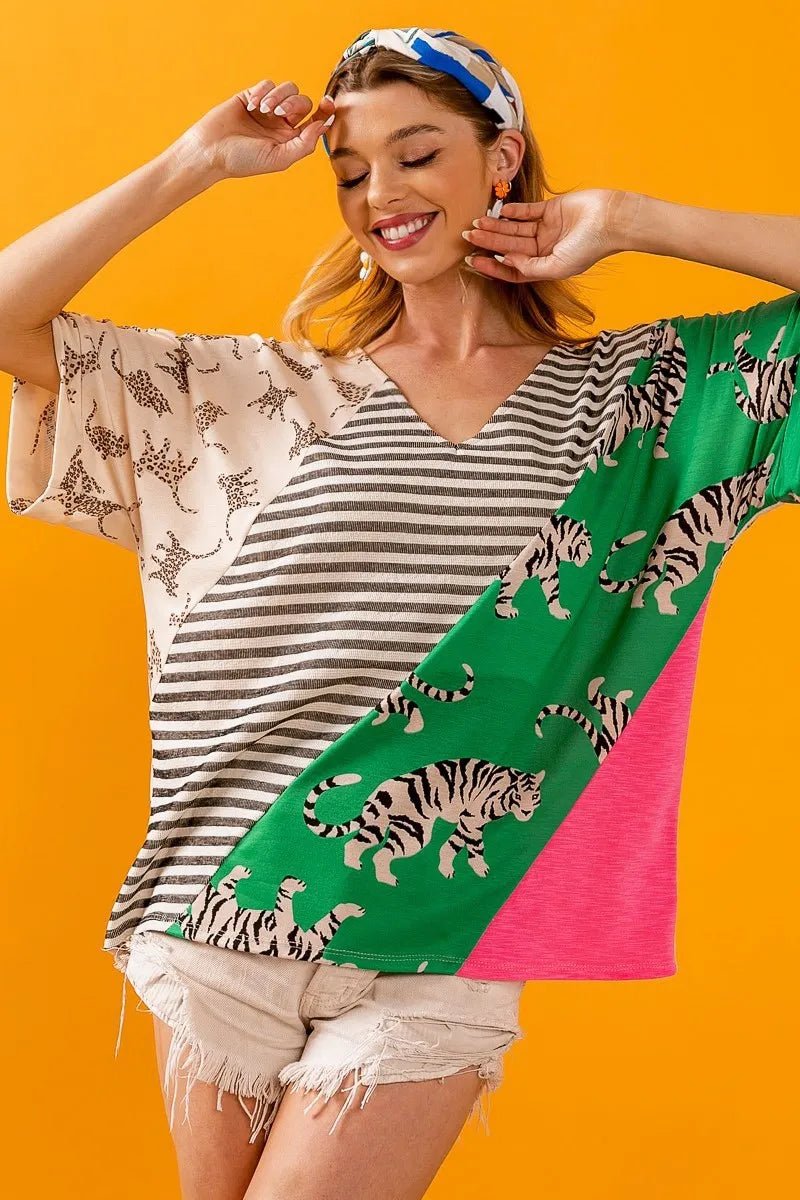 BiBi Tiger W Stripe Contrast Color Block V Neck Top for Women - Love Salve 