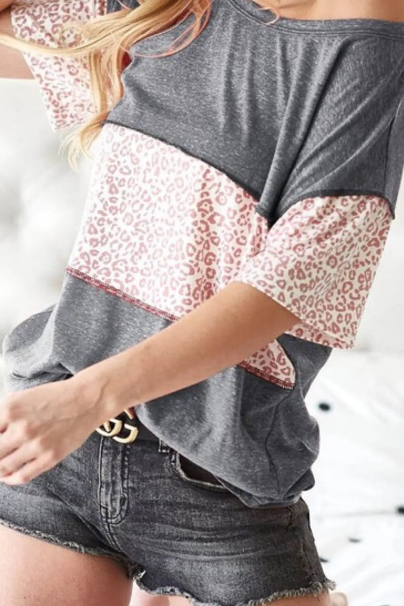 BiBi Triblend Knit with Leopard Block Out Stitching Top - Love Salve 