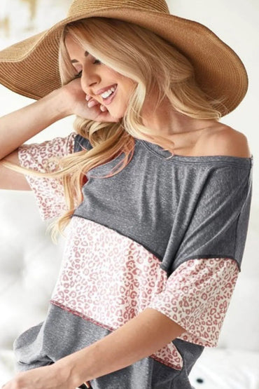 BiBi Triblend Knit with Leopard Block Out Stitching Top - Love Salve 
