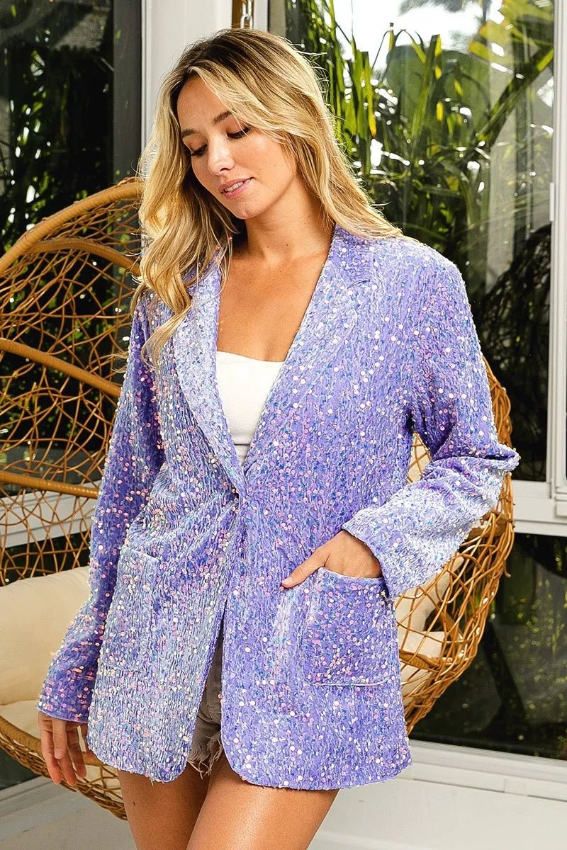 BiBi Velvet Sequins Patch Pockets Single Blazer - Love Salve