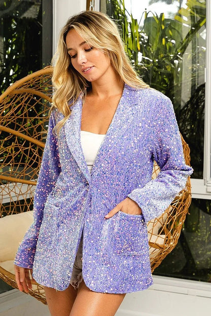 BiBi Velvet Sequins Patch Pockets Single Blazer - Love Salve