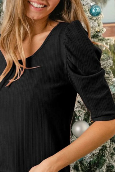 BiBi Verigated Rib Knit Puff Sleeves Shorts Top - Love Salve