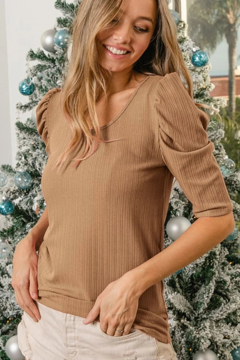 BiBi Verigated Rib Knit Puff Sleeves Shorts Top for Women - Love Salve 