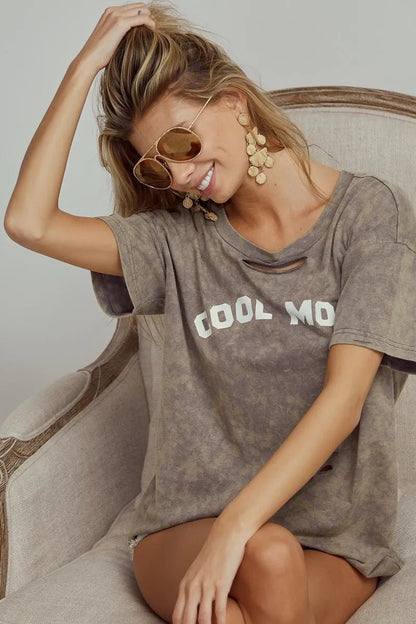 BiBi Washed Laser Cut Detail Cool Mom Print Top - Love Salve