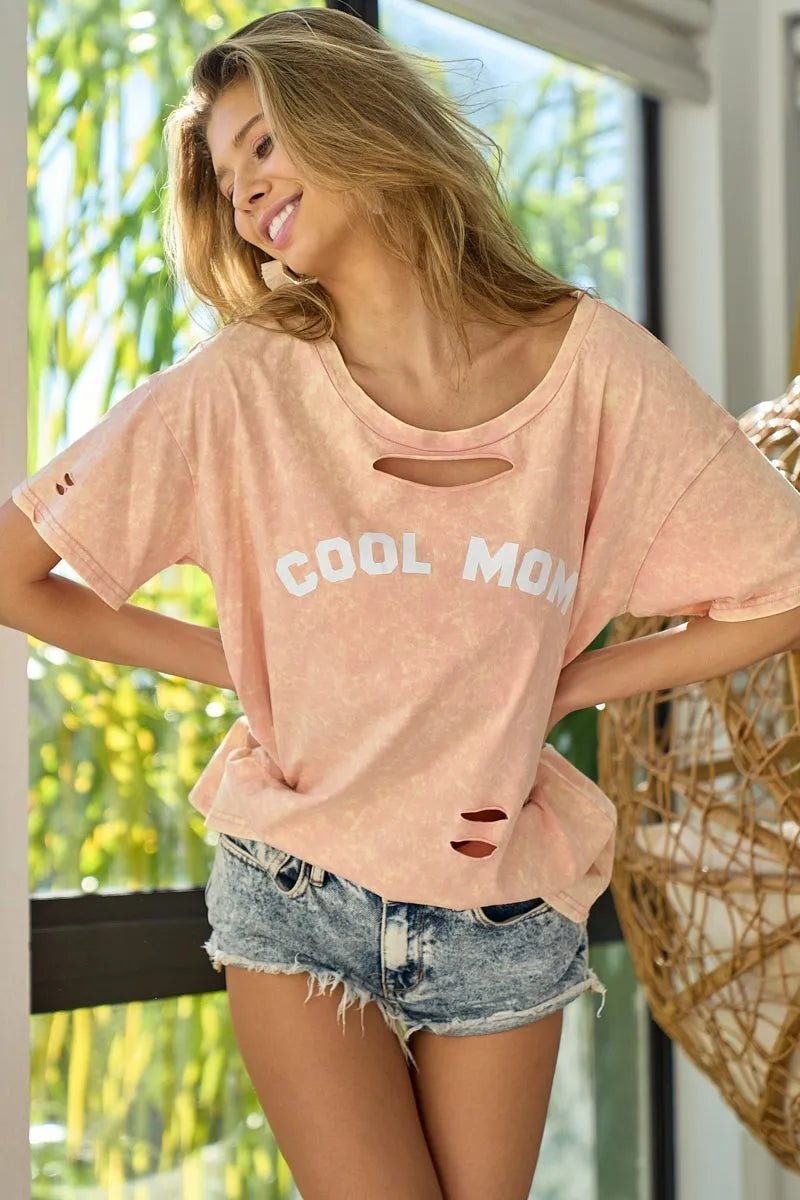 BiBi Washed Laser Cut Detail Cool Mom Print Top - Love Salve