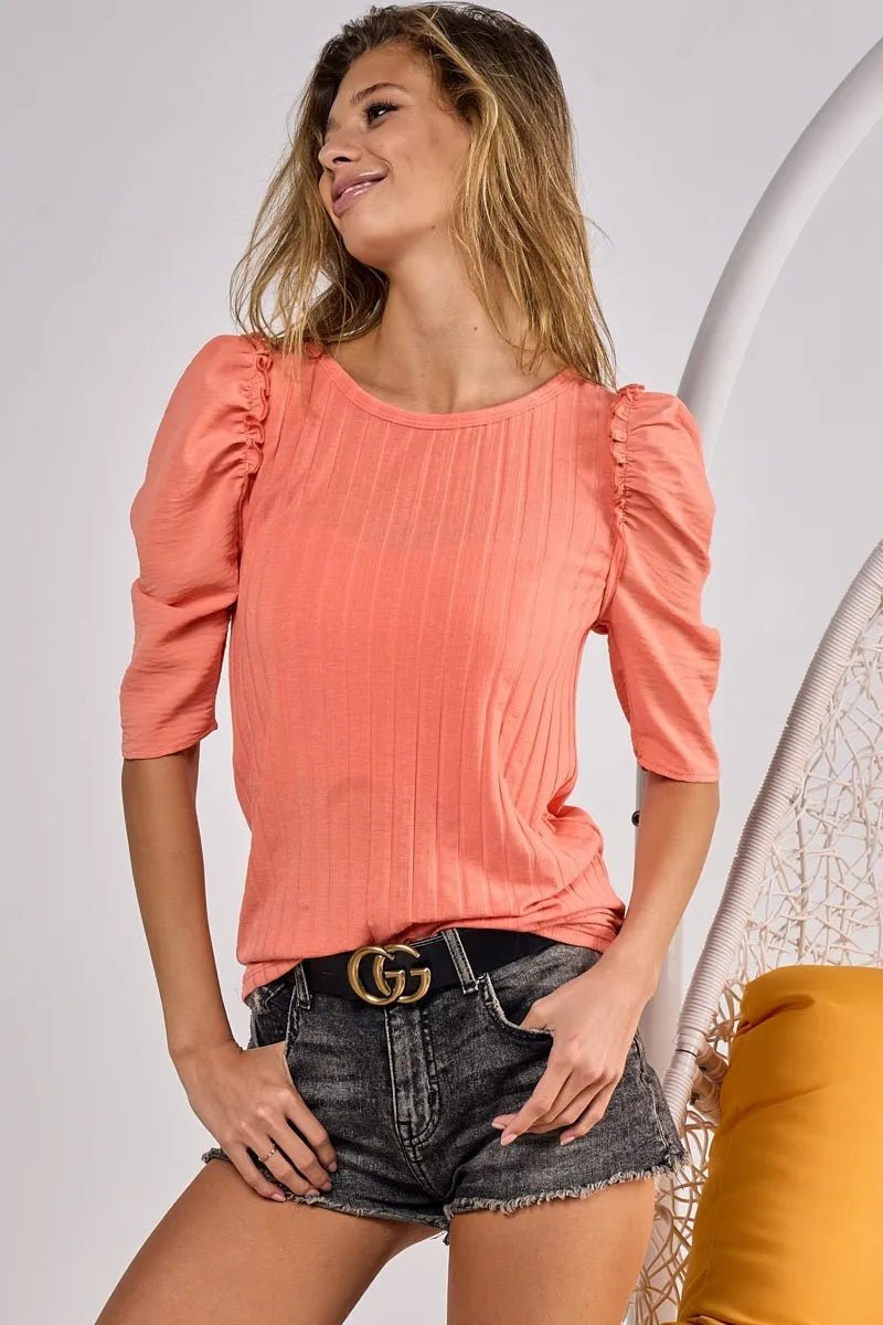 BiBi Wide Rib Knit with Puff Sleeves Top for Women - Love Salve 