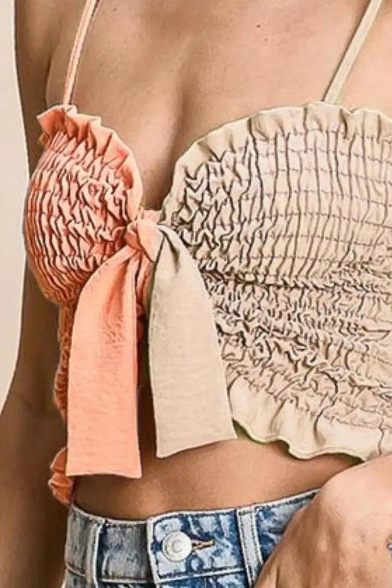 BiBi Woven Color Block Smocked with Ribbon Bra Top for Women - Love Salve 