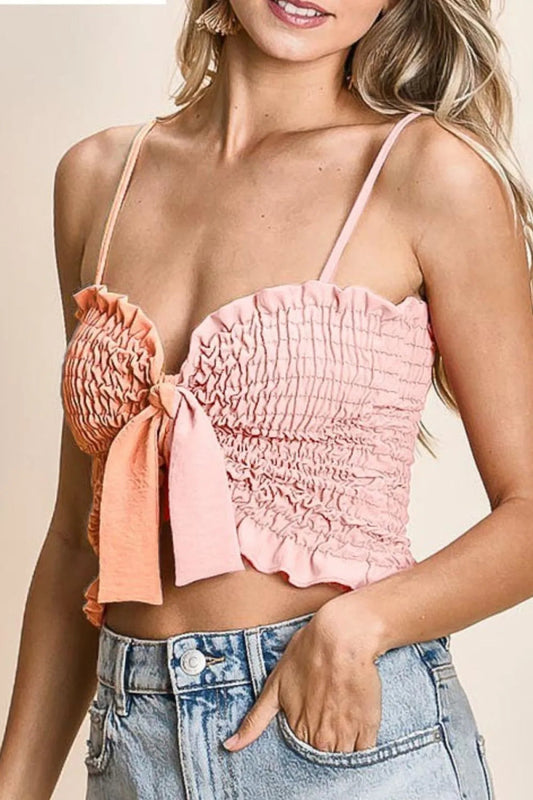 BiBi Woven Color Block Smocked with Ribbon Bra Top for Women - Love Salve 