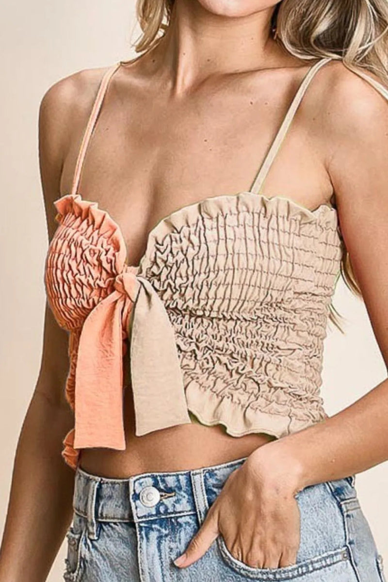BiBi Woven Color Block Smocked with Ribbon Bra Top for Women - Love Salve 
