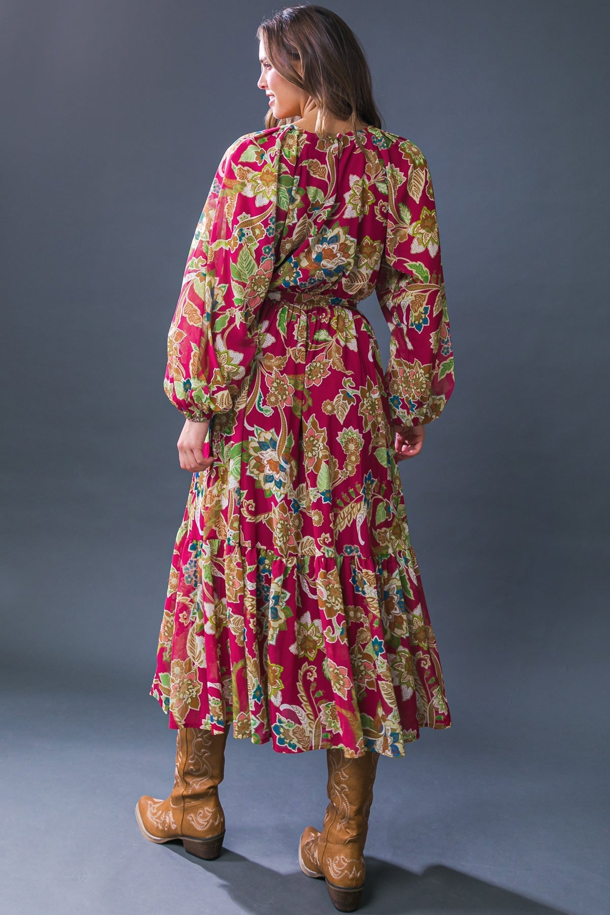 FLORALLY CHIC WOVEN MIDI DRESS Flying Tomato