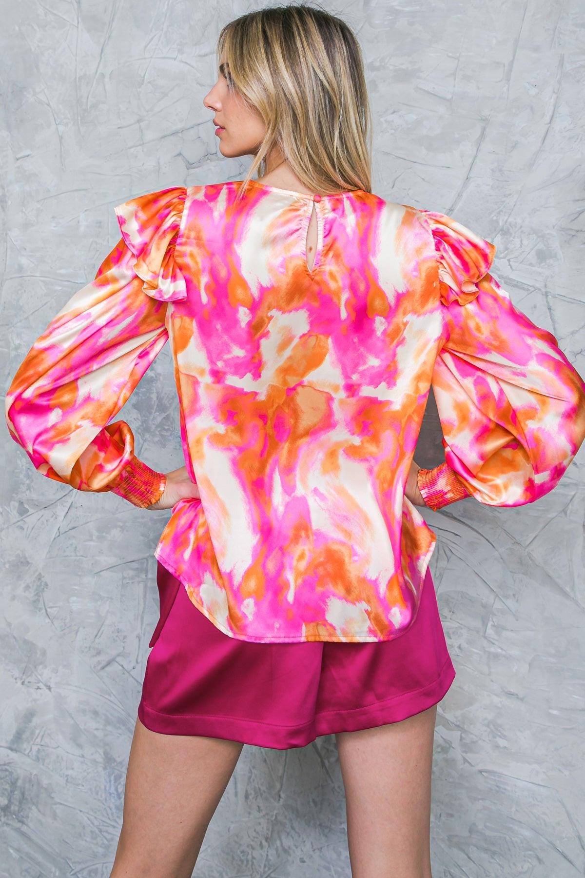 Flying Tomato FEELING SPICE WOVEN TOP, showcasing the relaxed fit and unique back detail of this quality women's top.