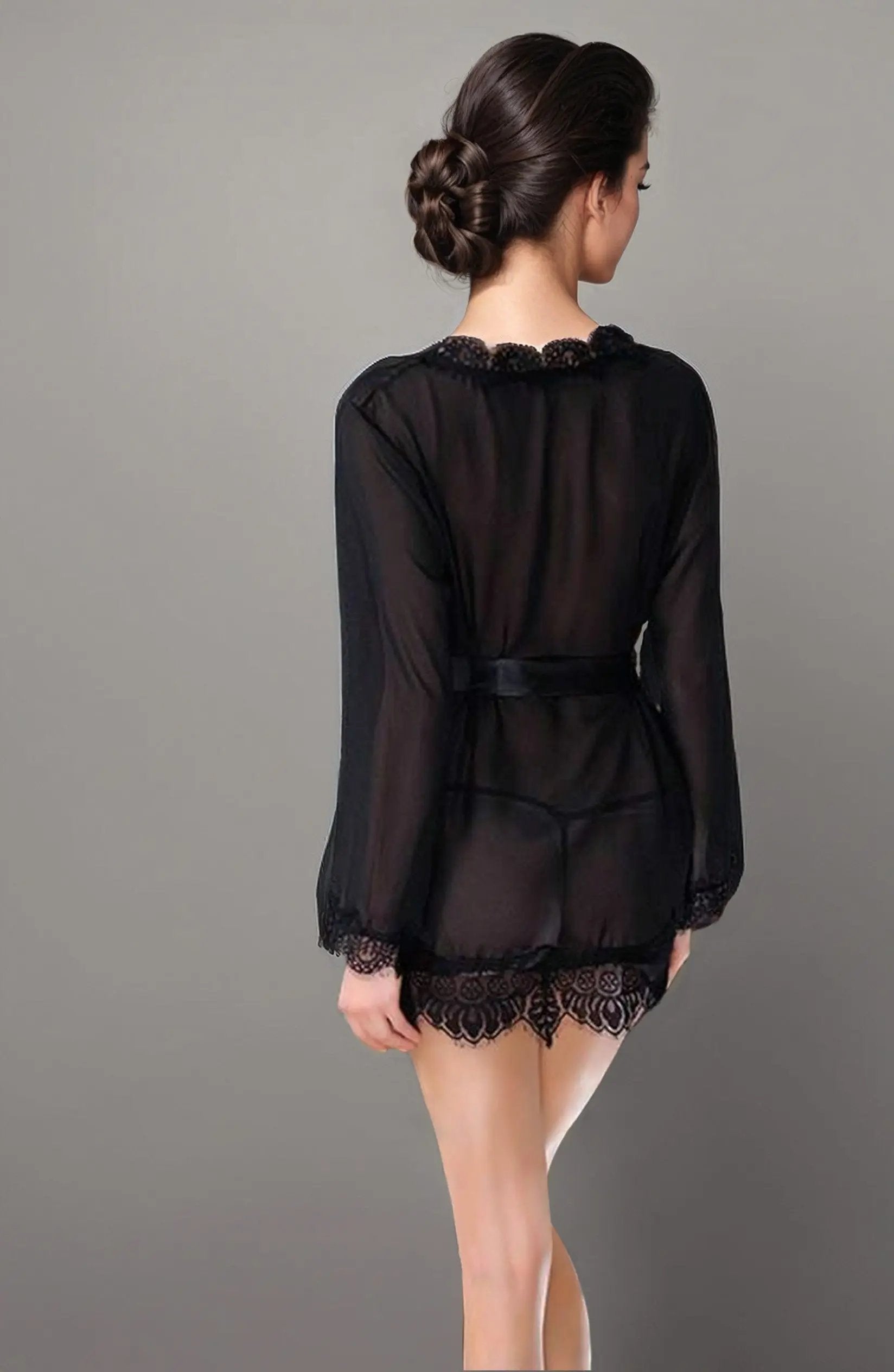Sheer Lace Trim Robe 3wishes.com