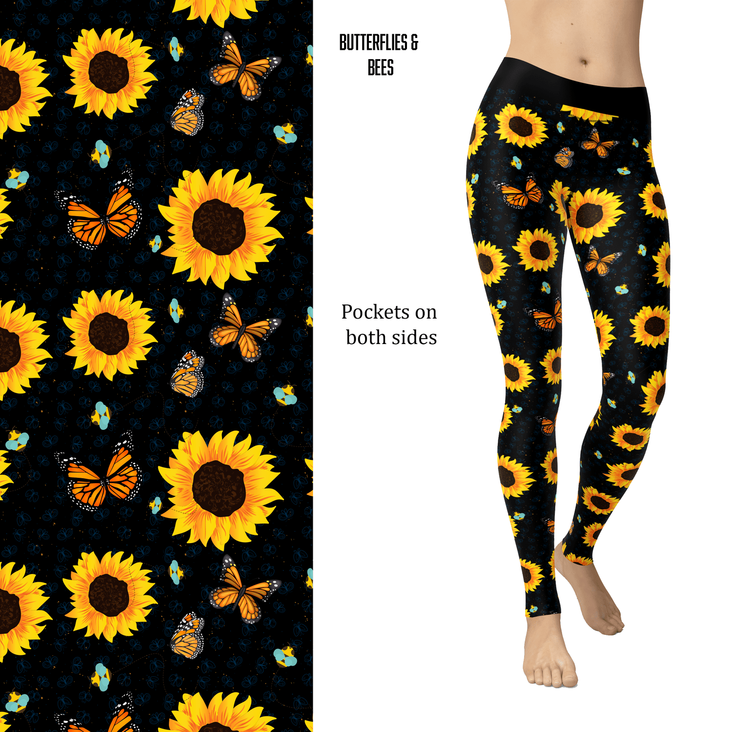 Butterfly, BumbleBee and Sunflowers Black Background Leggings with Pockets MM