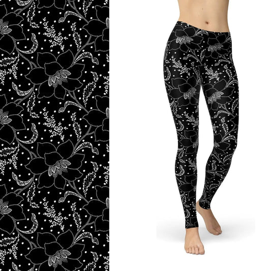 MM Leggings - Dotted Flowers & Pockets - Full Length Black & White - Main Product Image