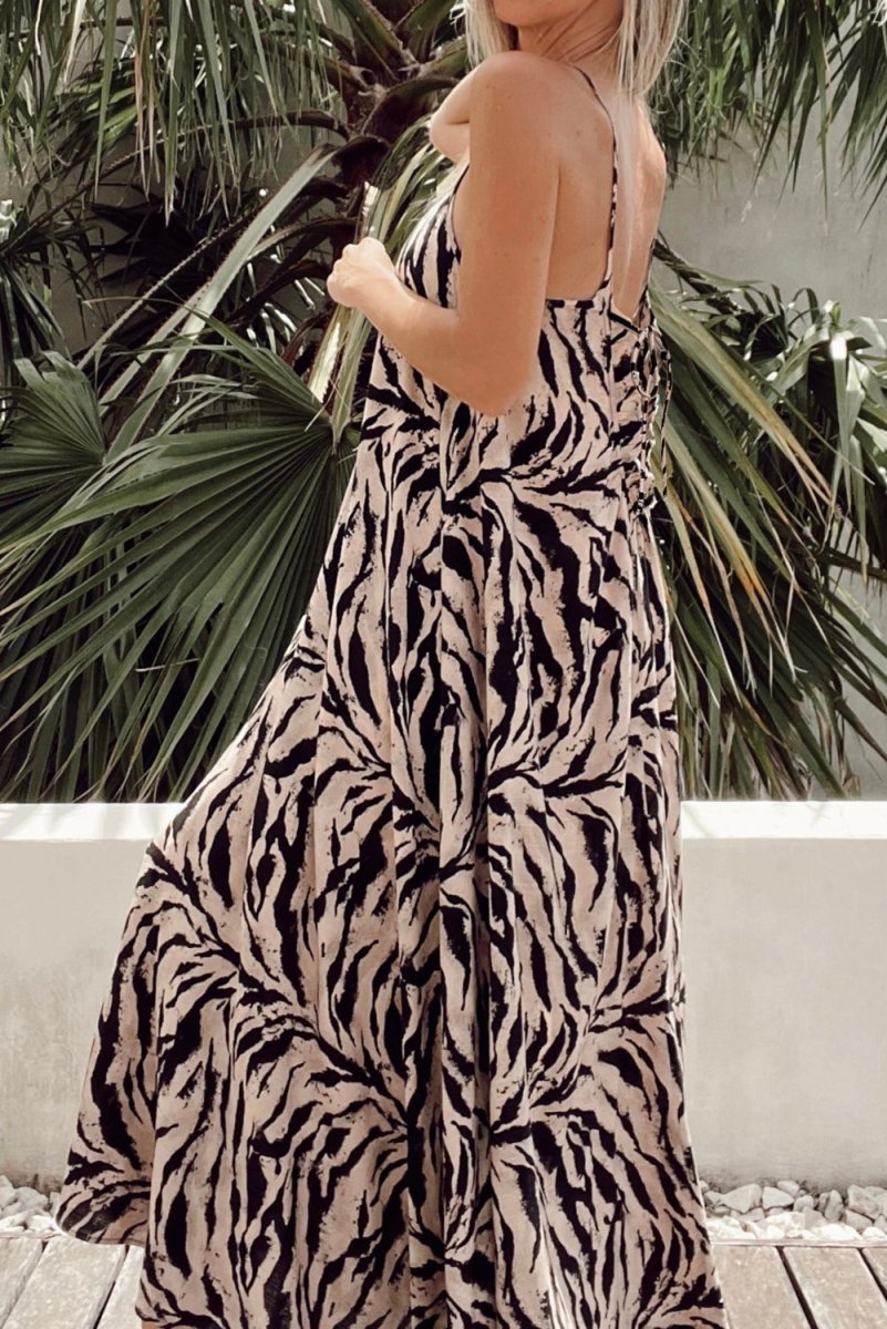 Black Abstract Print Open Back Boho Loose Maxi Sundress - Love Salve 