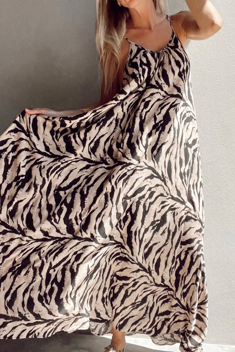 Black Abstract Print Open Back Boho Loose Maxi Sundress - Love Salve 