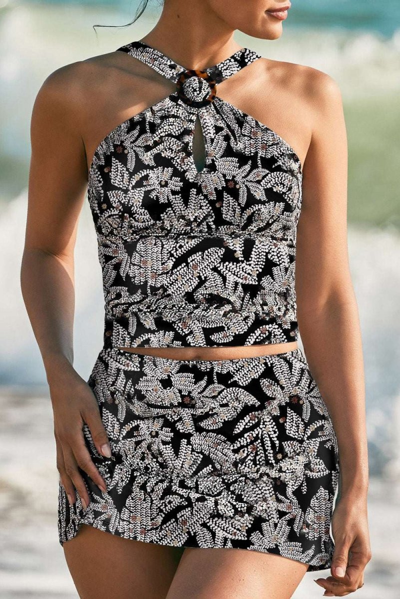 Black Abstract Printed Buckle Crossed Straps Tankini 2pcs - Love Salve 