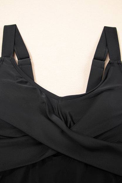 Black Adjustable Straps Cutout Ruched Knot Slit Swim Dress - Love Salve 