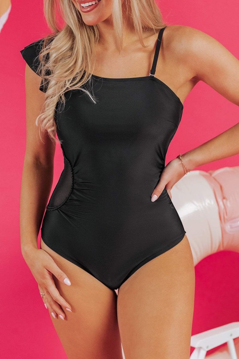 Black Asymmetric Ruffle Shoulder Pleated One Piece Swimsuit - Love Salve